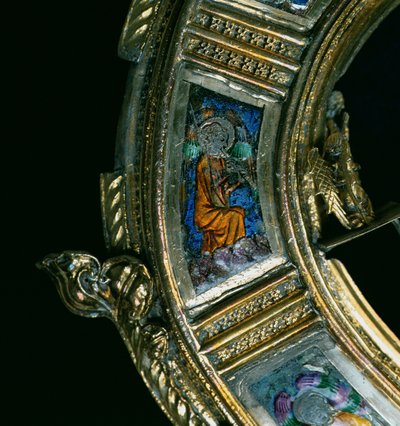 管楽器を演奏する天使、ウィリアムオブワイケハムの兵士（c.1320-1404）の詳細（銀の金箔とシャンプーヴエナメル）（205100-32を参照） 作： English School