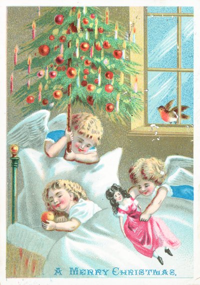 ベッド、クリスマスカードで子供を見ている天使 作： English School