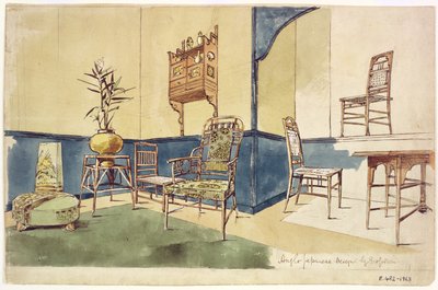 エドワード・ウィリアム・ゴッドウィン（1833-86）c.1860（紙にトイレ）によるアングロ和風家具のデザイン 作： English School