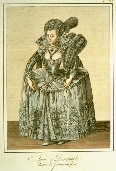 デンマークのアン（1574-1619）ジェームズ1世の妻、 『イギリス国民の服と習慣の完全な眺め』第2巻のイラスト、1799年発行 作： English School
