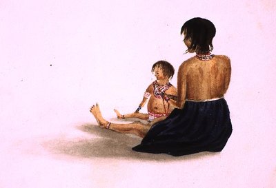 アラワカ族のインド人と子供-デメララ（水彩・紙 作： English School