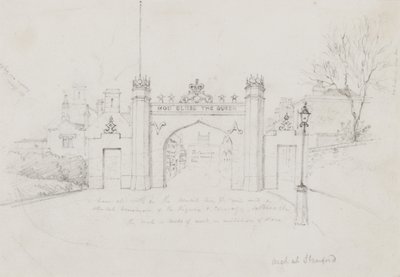 Stamfordのアーチ、Burghley Houseに向かうVictoria女王とPrince Albertを歓迎するために建てられたもの（鉛筆、紙 作： English School
