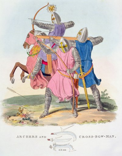 アーチャーとクロスボウマン、1312年、サミュエルラッシュメリリック作の古代の鎧から、1824年 作： English School