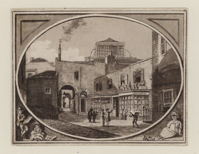 1790年頃のSquill Auction Roomに隣接するSavill Row Passageの印刷販売者Archibald Roberton 作： English School