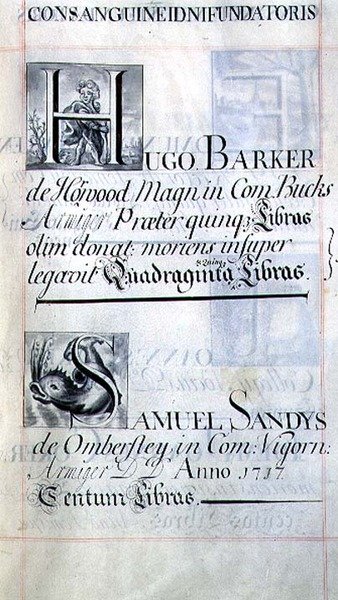 Archive 3693 f.48 オックスフォード大学ニュー・カレッジの2人の恩人、Hugo BarkerとSamuel Sandysのページ（Benefaction Bookより）。 作： English School