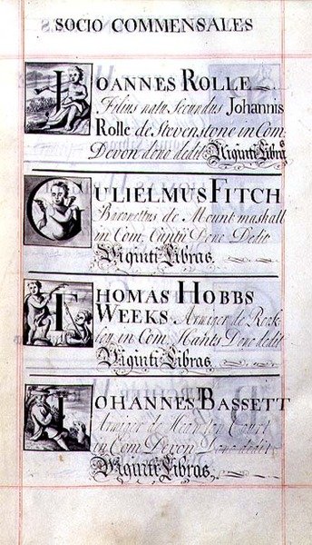 Archive 3693 f.65 オックスフォード大学ニュー・カレッジの4人の後援者、Joannes Rolle、Gulielmus Fitch、Thomas Hobbs Weeks、Johannes Bassettの一覧ページ（Benefaction Bookより 作： English School
