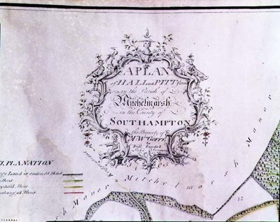 Archive 5629 「A Plan of Hall and Pitt farms in Parish of Mitchelmarsh in County of Southampton, Mr. W. Goffe, by Richard Randall, the Land Surveyor」と書かれた地図の説明用カルトゥーシュ 作： English School