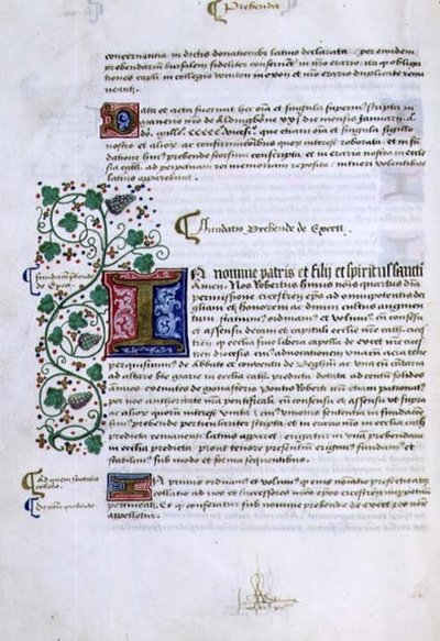 アーカイブ9432 f.15v ロバート・シャーボーンまたはシャーバーン（1450年頃～1536年頃）のチチェスター司教の創始書からの、照明されたイニシャルのあるテキストのページ（ヴェラム製） 作： English School