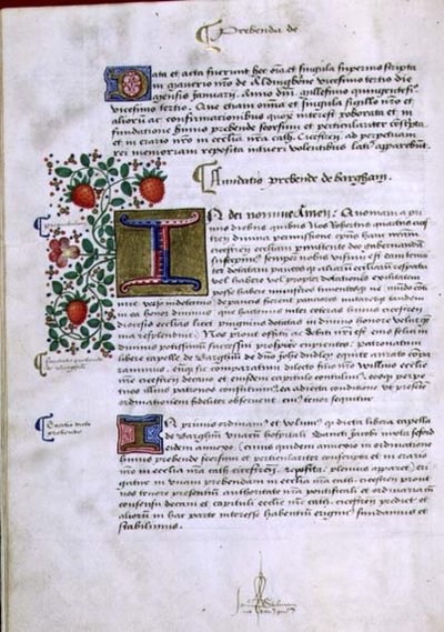 アーカイブ9432 f.19v ロバート・シャーボーン（シャーバーン）（1450年頃～1536年）のチチェスター司教の創始書から、照明されたイニシャル「I」のあるテキストのページ（ヴェラム製 作： English School