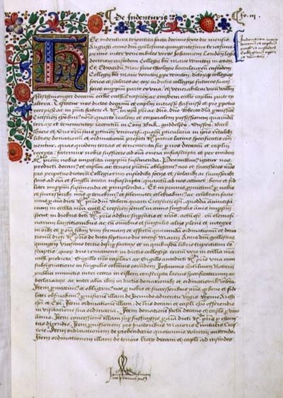Archive 9432 f.3 Robert Sherborne or Shirburn (c.1450-1536) Bishop of Chichester（チチェスター司教）の創始書から、照明されたイニシャル「H」を持つテキストのページ（ベラム製 作： English School