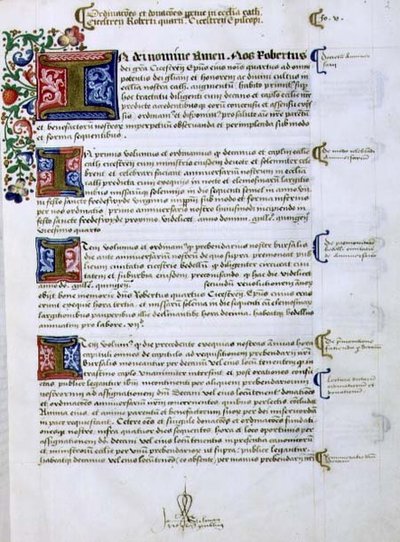 アーカイブ9432 f.5 シャーボーンまたはシャーバーンのロバート（1450年頃～1536年）のチチェスター司教の創始書から、照明されたイニシャル「I」のあるテキストのページ（ベラム製） 作： English School