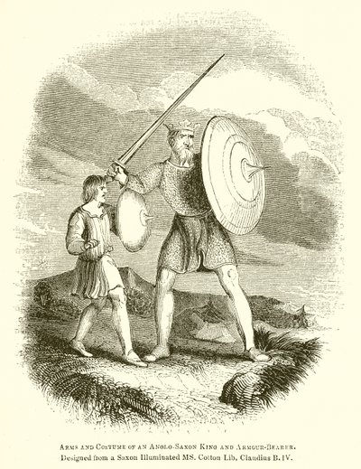 アングロサクソン人の王と鎧を身につける人の武器と衣装 作： English School