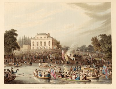 1820年10月3日の女王への演説とともに、水夫たちのブランデンブルク家への到着など、パブ。1821年（彩色されたエングレービング 作： English School