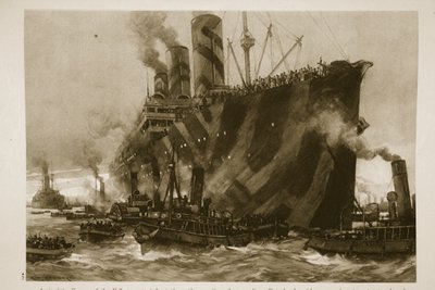 1914〜19年に12,000人のアメリカ軍が搭乗した、ドイツの旅客機であるファーターランドを輸送するアメリカの輸送船、リヴァイアサンがフランスに到着 作： English School