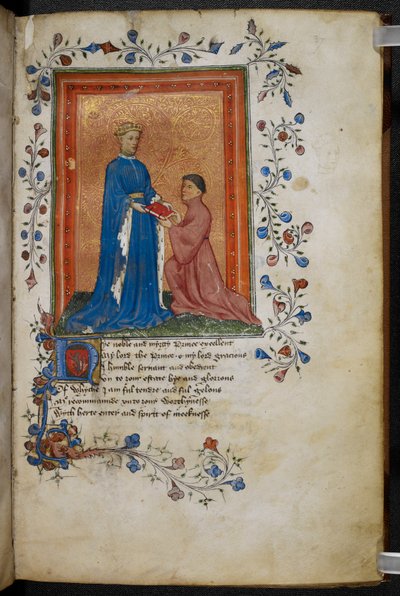 Arundel 38 f.37 Thomas Hoccleve が著書「Regement of Princes」をプリンス オブ ウェールズ (後のヘンリー 5 世) に贈呈 (1411-13 年頃) (ベラム紙にペンとインク、テンペラ) (10048 も参照) 作： English School