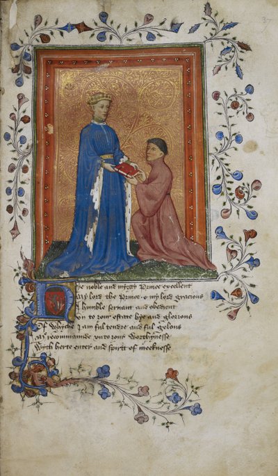 Arundel 38, f.37 Thomas Hoccleve esittelee kirjan Lancasterin prinssi Henrylle, kuvituksen teoksesta "De regimine principum" 作： English School