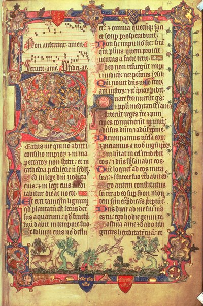 Arundel 83 f.14 Arundel Psalter の雄鹿と鳥、1310 年頃（ベラム） 作： English School