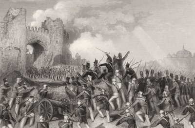 1857年に出版された「インディアン反乱の歴史」からの1857年9月14日のデリーの襲撃とカシミア門の捕獲 作： English School