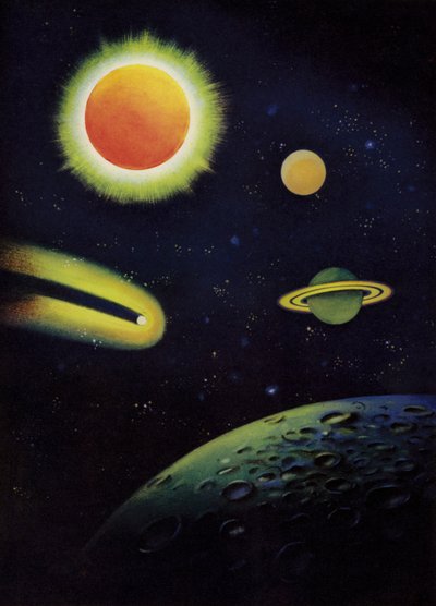 天体：コロナを示す太陽。 火星と土星。 コギアの彗星; 月の表面（カラーリソ） 作： English School