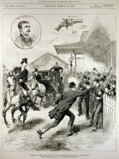 1882年3月11日、「The Illustrated London News」から、ウィンザー駅で女王を撃つ 作： English School