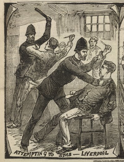 刺す試み - リバプール、「Illustrated Police News」より、1884 年 9 月 27 日 (彫刻) 作： English School