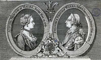 皇太子妃オーガスタ（1719-72）と皇太子フレデリック・ルイ（1707-51）、『ジェントルマンズ・マガジン』誌からの記念品 作： English School