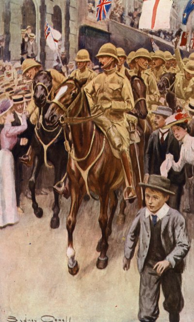 南アフリカに向けてシドニーを出発するオーストラリア派遣団（カラーリトグラフ） 作： English School