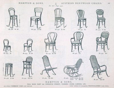 ハンプトンアンドサンズのオーストリアベントウッドチェア、家具のカタログ、1902年、白黒彫刻 作： English School