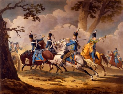 1799年から1802年に公開されたナポレオン作戦中の同盟国の一連の騎兵隊の行動から、プロイセンハサーから大砲を守るオーストリアの歩兵（手彩色のリソ） 作： English School