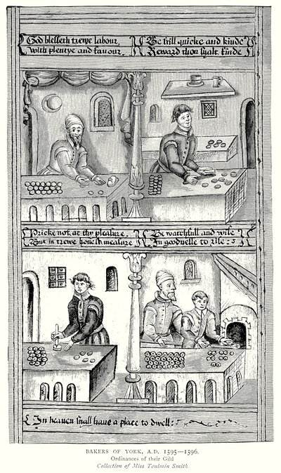AD1595-1596年、ヨークのパン職人たち。ギルドの条例（エングレーヴィング） 作： English School