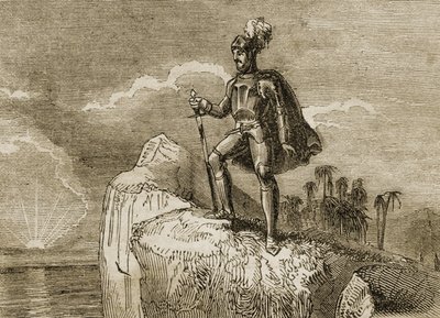 1513年のバルボアの太平洋の最初の光景、「テイルズオブトラベラーズまたは世界の眺め」からのイラスト、1838年に発行（リソ） 作： English School