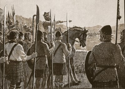 バノックバーン：戦闘前に部隊を振り返るブルース、カッセルズイラストレイテッドイングランドオブイングランドのイラスト（セピア写真） 作： English School
