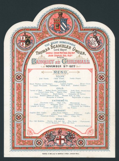 ギルドホールでの宴会、1877年11月9日、メニュー 作： English School