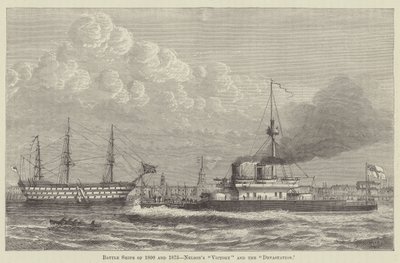 1800年と1875年の戦艦、ネルソンの「ヴィクトリー」と「デヴァステーション」（エングレーヴィング） 作： English School