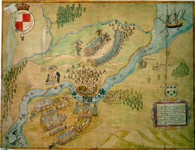 1593年のアーン・フォードの戦い（紙にウォッシュを施したペンとインク） 作： English School