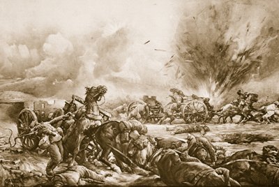 1914〜19年、ラポームロードの南を上って歩いている間に、イギリスの銃火に捕まったバイエルンのバッテリー 作： English School