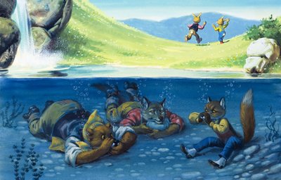 水中に隠れるクマ、オオカミ、キツネ（紙にグワッシュ） 作： English School