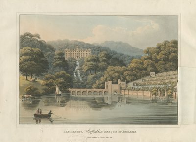 ボーデサーホールと公園：色付きのアクアチント彫刻、1816年 作： English School