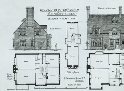 1879年のビルディングニュースからのベッドフォードパークエステート、ターンハムグリーン 作： English School