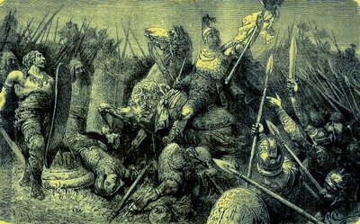 ベリサリウスは、ゴスに対してローマ軍を率いています。イラスト付きの世界の歴史からのイラスト、1880年に出版されたもの（デジタル処理された画像） 作： English School