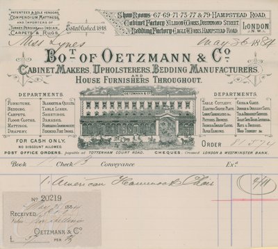 Oetzmann＆Co、キャビネットメーカー、室内装飾品、寝具メーカー、家具製造業者からの請求書 作： English School