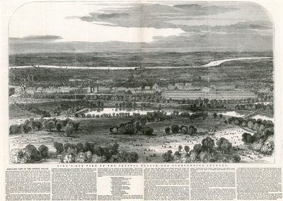クリスタルパレスと周辺国の鳥瞰図、すばらしい展示会、1851年 作： English School