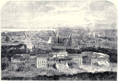 キャピトルが手前に建設中の1861年ワシントン市の鳥瞰図[デジタルクリーンバージョン] 作： English School