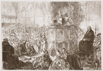 フスの裁判で説教しているロディの司教、ジェームズエイトケンワイリー（1808-1890）によるプロテスタンティズムの歴史のイラスト、パブ。 1878 作： English School