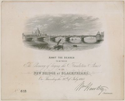 ブラックフライアーズブリッジ。 1865年7月20日、礎石を置くための式典への招待 作： English School