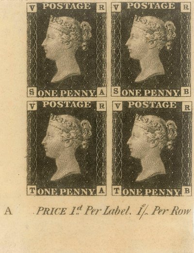 ペニーブラック切手のブロック、1840年頃（切手） 作： English School
