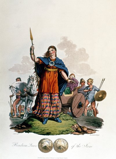 1815年に出版されたリチャードハヴェル長老によって彫刻されたCHSによって設計されたアイスニの女王、ボアディセア（アクアチント） 作： English School
