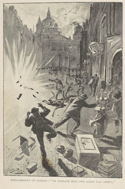 ロンドンの砲撃: 「ラドゲイト ヒルのシーンはひどいものでした」、「1897 年のイギリスでの大戦」の口絵の挿絵、ウィリアム ル キュー作 作： English School