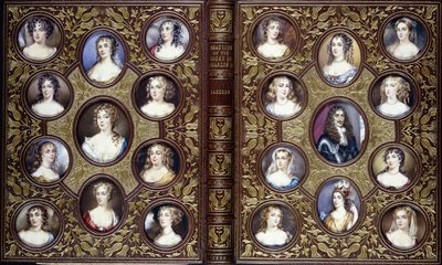 チャールズ2世と彼の宮廷の美しい女性の22の肖像画のミニチュア、1833年の本の表紙 作： English School