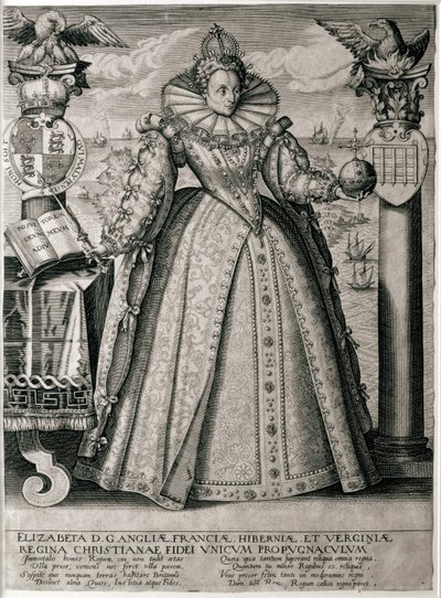 エリザベス女王を祝う本の口絵は、幸せで豊かな統治、1596年 作： English School